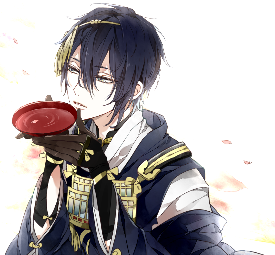 1boy black_hair blue_eyes japanese_clothes male_focus mikazuki_munechika parted_lips petals sakazuki shijima_tohiro touken_ranbu