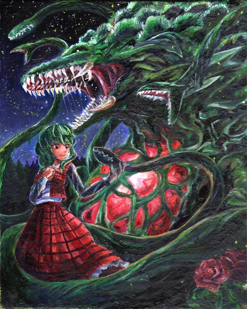 1girl biollante crossover flower godzilla_(series) green_hair hand_on_own_chest harikona kazami_yuuka looking_back monster night oil_painting_(medium) open_mouth outdoors plaid plaid_skirt plaid_vest red_eyes red_rose rose saliva sharp_teeth short_hair skirt sky smile star_(sky) starry_sky touhou traditional_media