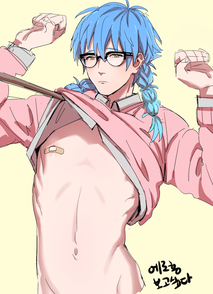 1boy alternate_hairstyle arms_up bandaid bandaids_on_nipples bespectacled blue_hair braid dramatical_murder glasses jeje_(pixiv12541114) long_hair male_focus navel pasties seragaki_aoba shirt_lift solo sweater sweater_lift twin_braids twintails