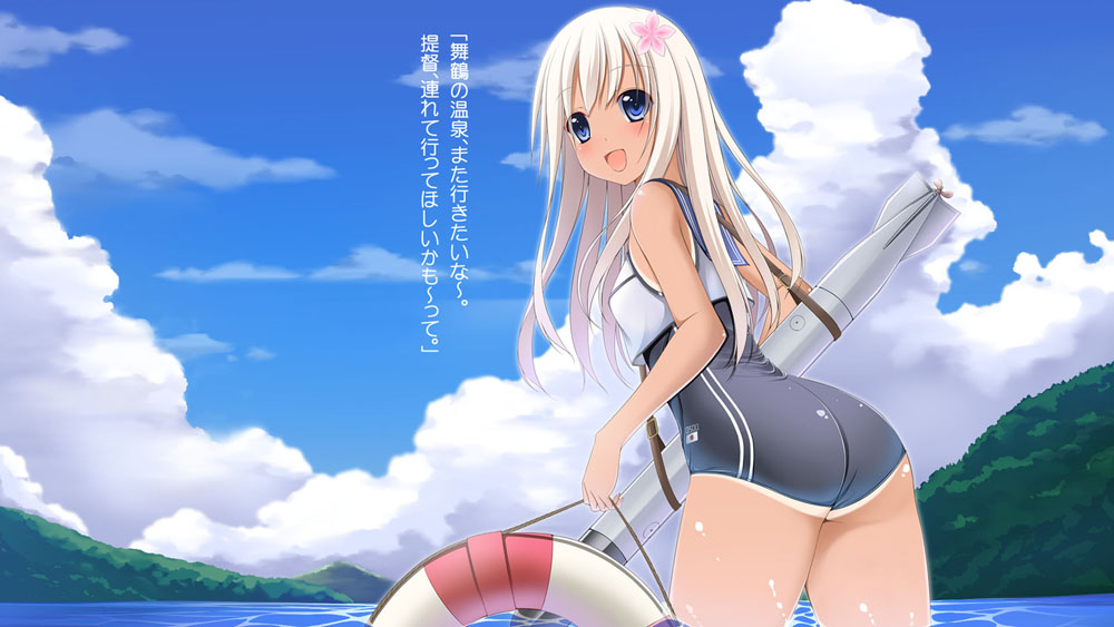 1girl :d ass blonde_hair blue_eyes blue_sky blush clouds double_vertical_stripe flower hair_flower hair_ornament japanese_flag kantai_collection lifebuoy long_hair one-piece_tan open_mouth ro-500_(kantai_collection) school_swimsuit school_uniform serafuku sky smile solo swimsuit tan tanline tomosuke torpedo translation_request wading water