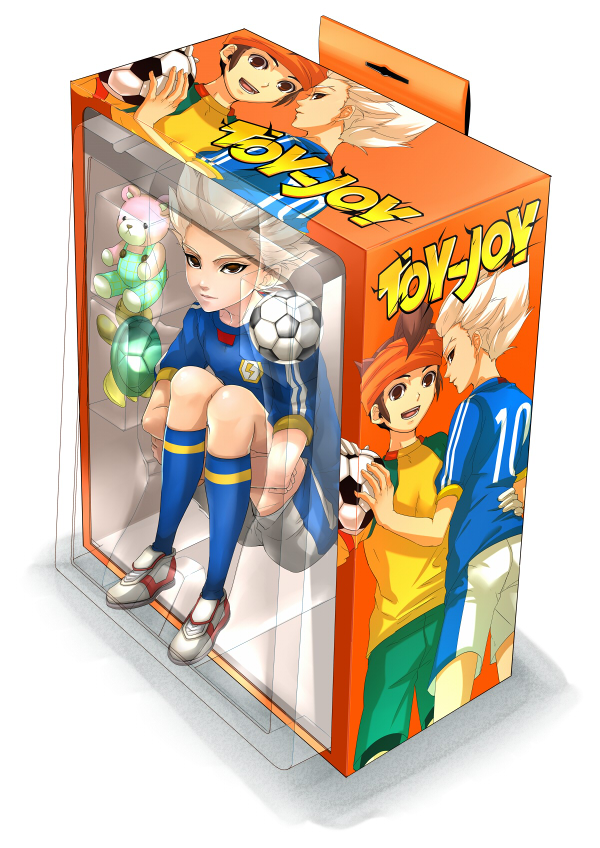 2boys blue_legwear brown_eyes endou_mamoru gouenji_shuuya inazuma_eleven inazuma_eleven_(series) kneehighs male_focus multiple_boys soccer_uniform solo sportswear stuffed_animal stuffed_toy teddy_bear telstar white_hair