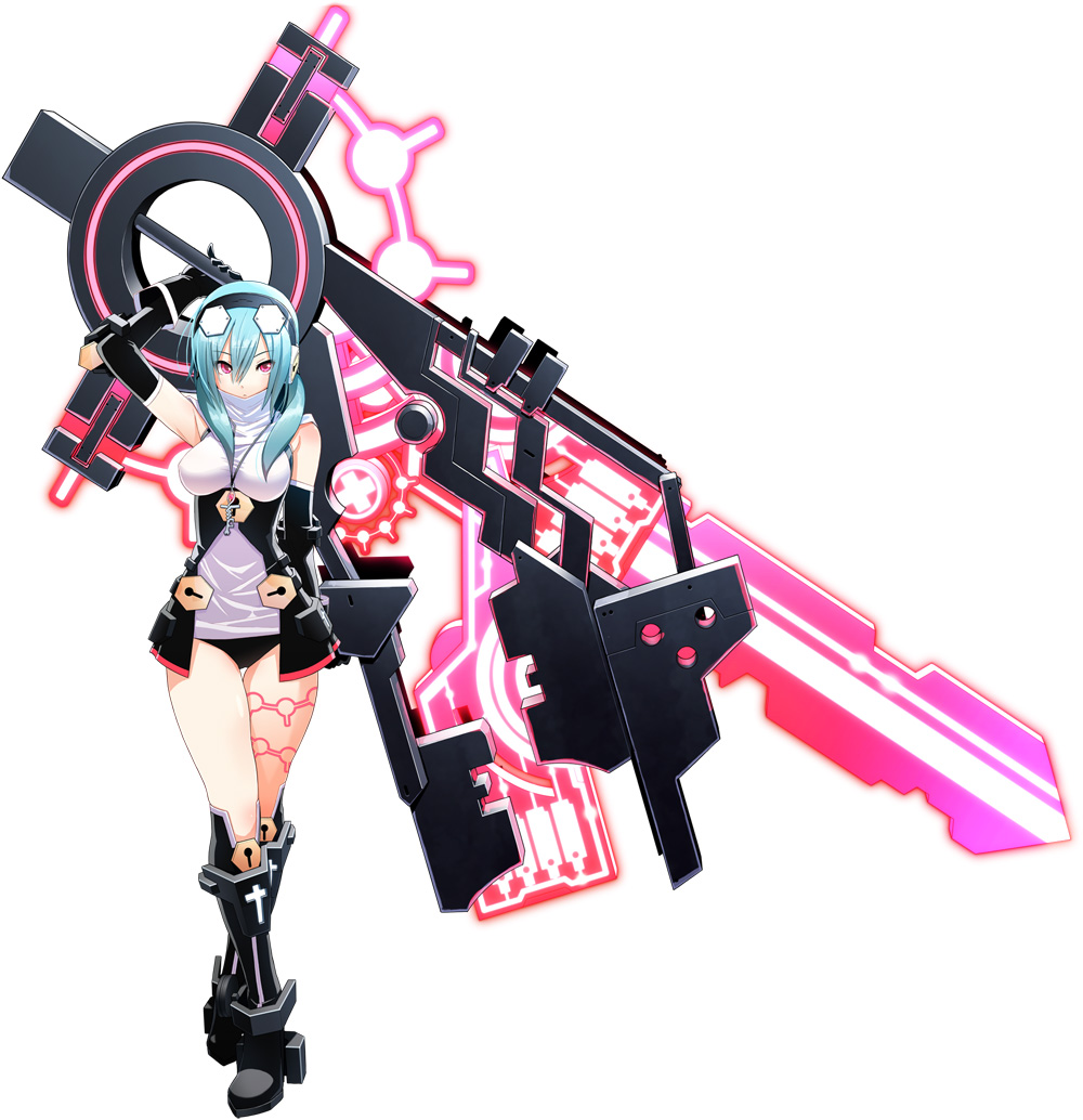 1girl ankh black_gloves blue_hair cosmic_break cross detached_sleeves gisele_noire gloves gun hair_ornament hairband jewelry key keyhole lock necklace ponytail red_eyes simple_background solo sword tattoo thigh_gap weapon