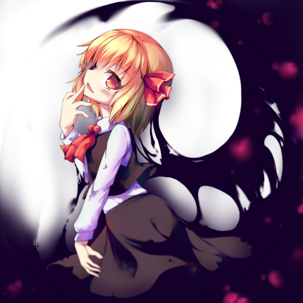 1girl :d blonde_hair darkness fang finger_to_face killing open_mouth red_eyes rumia shirt short_hair skirt smile touhou vest