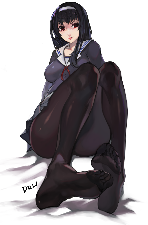 1girl black_hair black_legwear dr.wolf feet hairband kasumigaoka_utaha long_hair looking_at_viewer pantyhose red_eyes saenai_heroine_no_sodatekata school_uniform solo