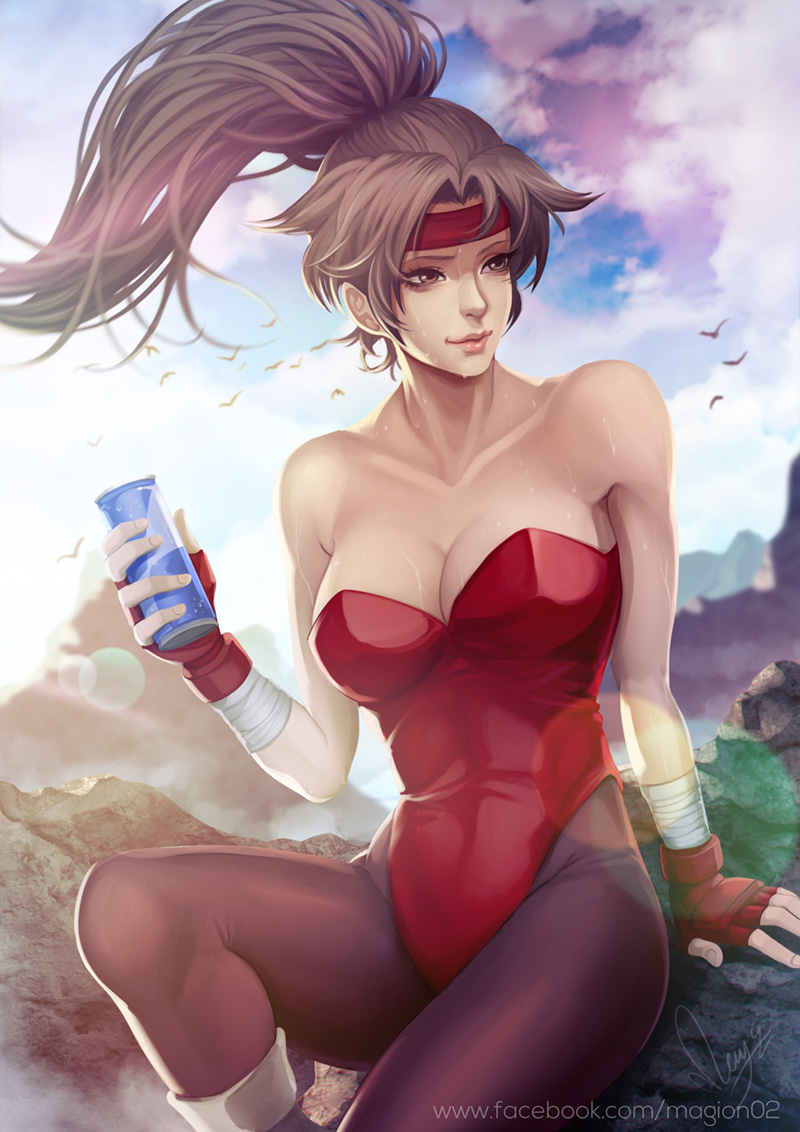 1girl bare_shoulders bird breakers breasts brown_eyes brown_hair cleavage clouds cloudy_sky fingerless_gloves gloves headband high_ponytail lens_flare leotard long_hair magion02 outdoors ponytail signature sitting sky soda_can solo sweat sweating tia_langray watermark web_address