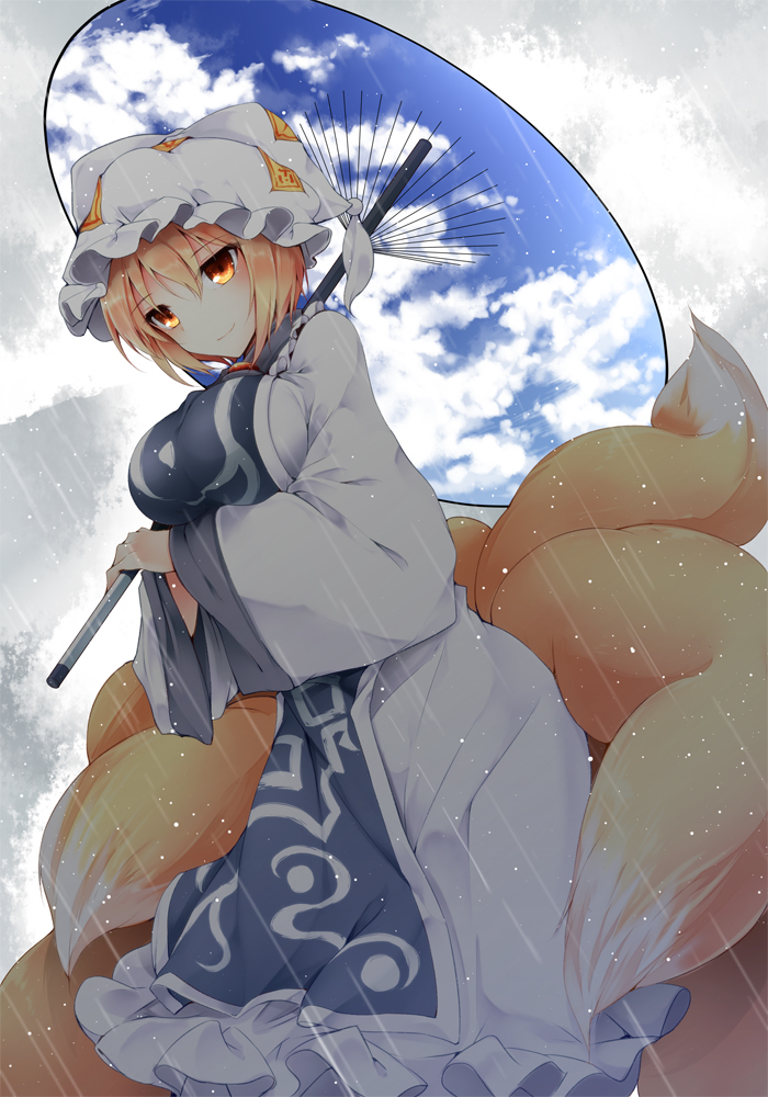 1girl amber_eyes blonde_hair blue_sky breasts clouds dress fox_tail hat hat_with_ears large_breasts long_sleeves midori_(misuriru8) multiple_tails parasol rain sky smile solo tabard tail touhou umbrella white_dress wide_sleeves yakumo_ran