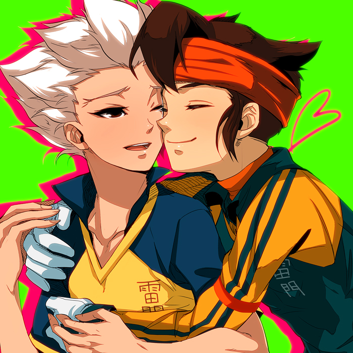 2boys brown_eyes brown_hair closed_eyes endou_mamoru garamgum headband heart hug inazuma_eleven inazuma_eleven_(series) male_focus multiple_boys one_eye_closed white_hair yaoi