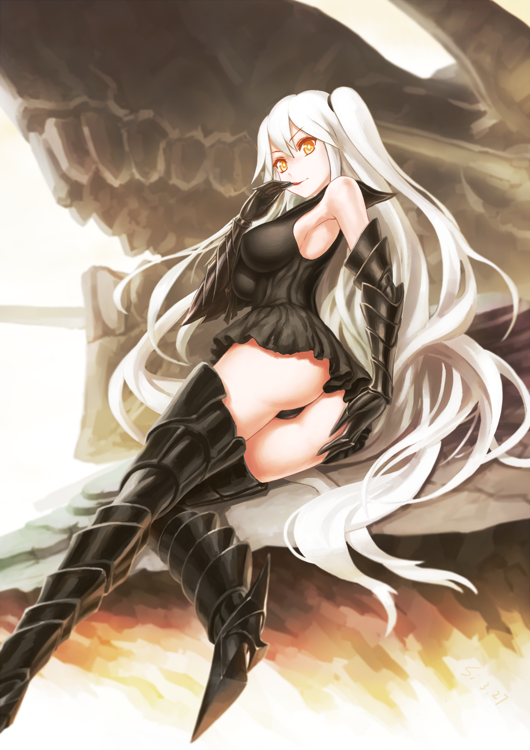 1girl aircraft_carrier_oni armored_boots ass black_dress black_panties boots breasts dress gauntlets hand_to_own_mouth highres impossible_clothes impossible_dress kantai_collection large_breasts long_hair looking_at_viewer one_side_up orange_eyes panties sailor_dress shinkaisei-kan short_dress si_(ruanmumu) sideboob solo thigh-highs thigh_boots tongue tongue_out underwear very_long_hair white_hair