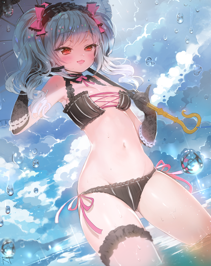 1girl bikini black_bikini blush breasts cleavage drill_hair gloves gothic_lolita hair_ribbon idolmaster idolmaster_cinderella_girls kanzaki_ranko lolita_fashion long_hair navel open_mouth red_eyes repi987 ribbon side-tie_bikini silver_hair sky smile solo swimsuit thigh-highs thigh_strap twin_drills twintails umbrella water