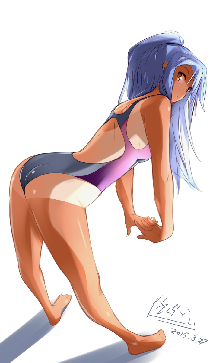 1girl aoki_hagane_no_arpeggio arpeggio_of_blue_steel ass bent_over blue_eyes blue_hair competition_swimsuit highres long_hair maccyon one-piece_swimsuit one-piece_tan ponytail swimsuit takao_(aoki_hagane_no_arpeggio) tan tanline