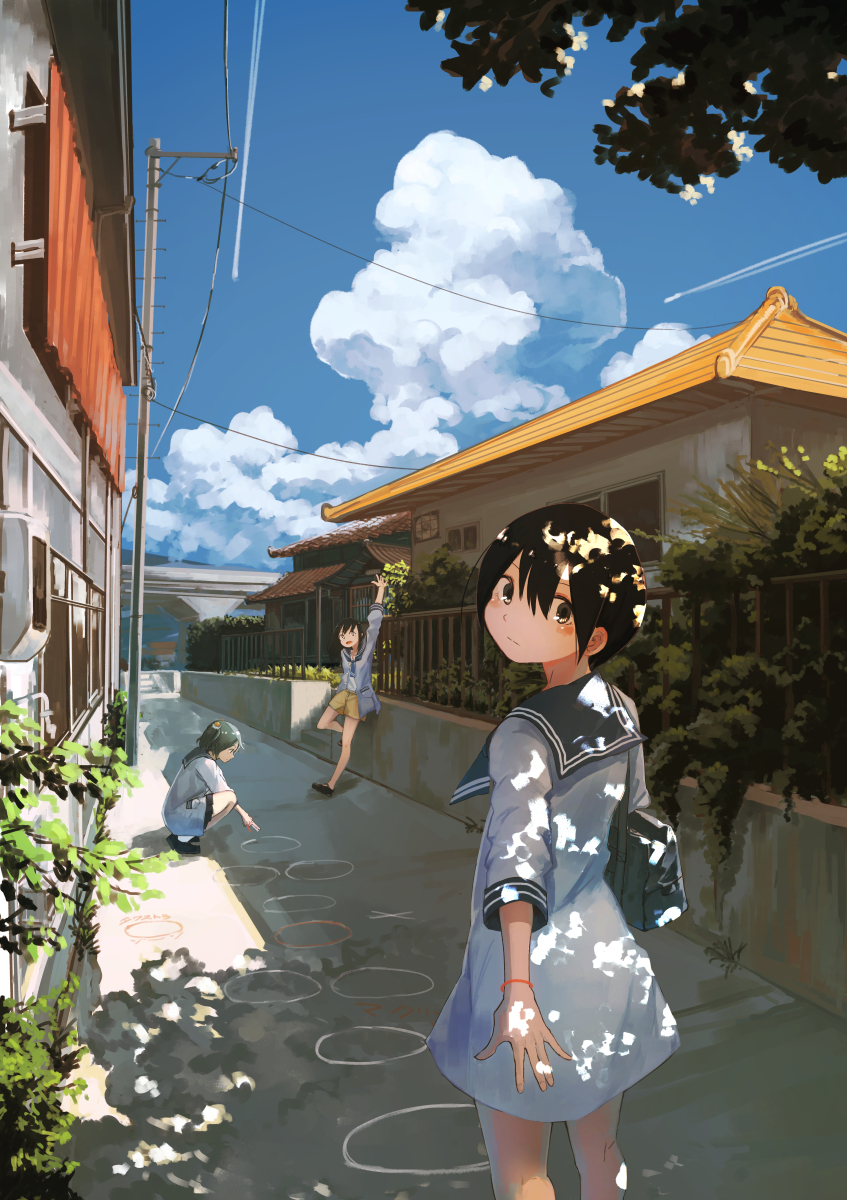 3girls alley architecture bag black_hair blush bush chalk circle clouds commentary condensation_trail drawing east_asian_architecture hakuto_173 highres house light long_hair looking_at_viewer looking_back multiple_girls original overpass plant power_lines railing reaching_out sandals school_bag school_uniform serafuku shadow short_hair shorts skirt sky telephone_pole town waving
