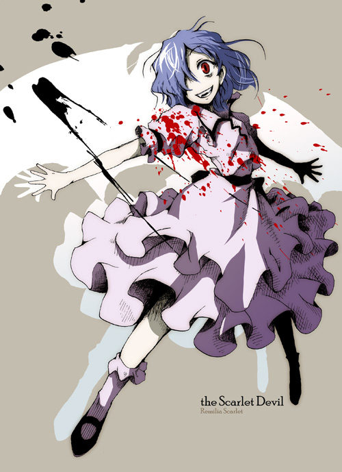 blue_hair character_name fang hair_over_one_eye marionette_online outstretched_arms red_eyes remilia_scarlet short_hair solo spread_arms touhou