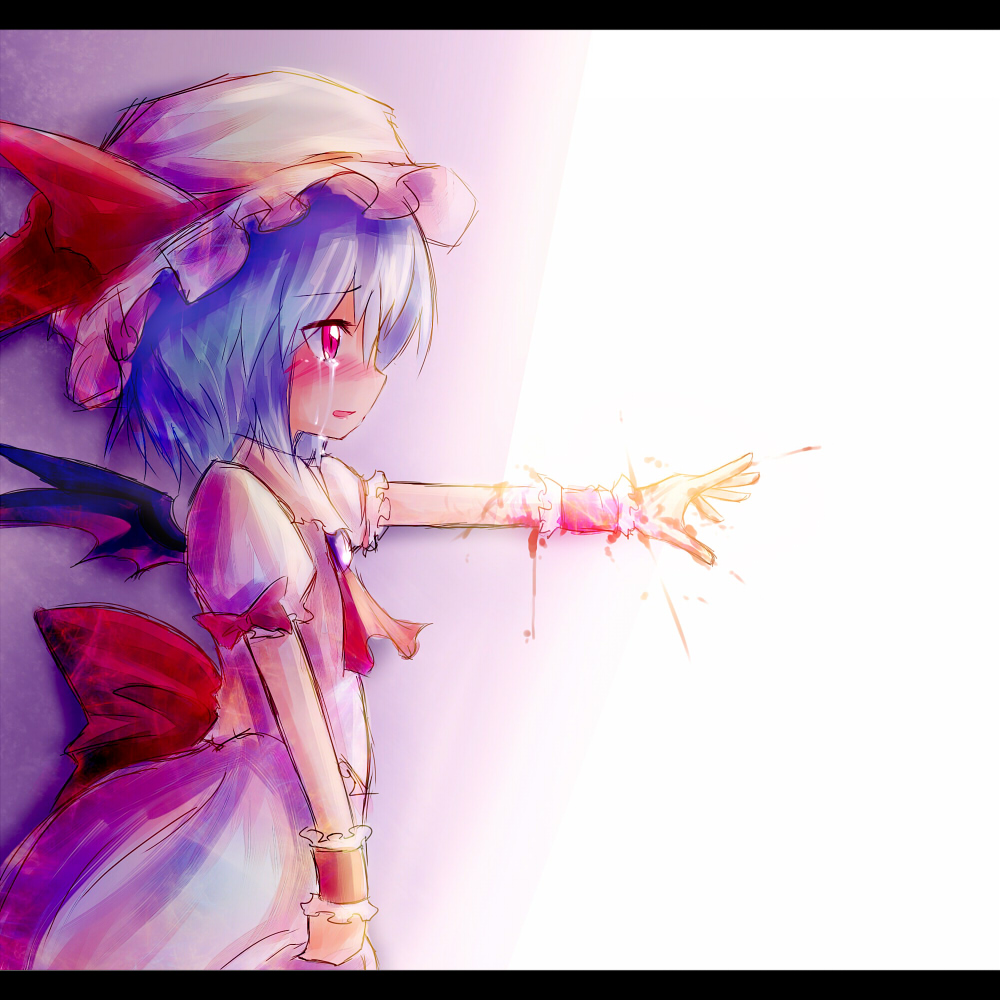 1girl ayakashi_(monkeypanch) bad_id bat_wings blood blue_hair blush hat letterboxed outstretched_arm outstretched_hand profile reaching red_eyes remilia_scarlet rough short_hair sunlight tears touhou wings wrist_cuffs