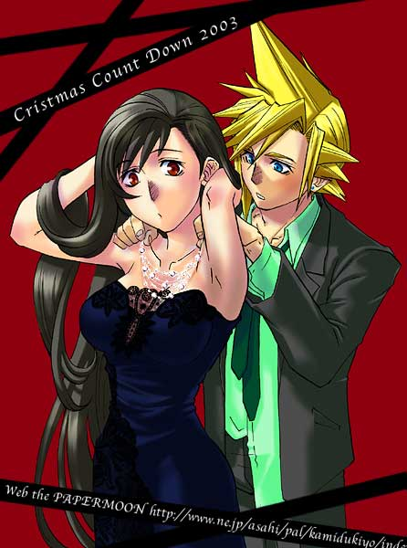 1boy 1girl black_hair blonde_hair blue_eyes christmas cloud_strife cloud_tifa dress earrings final_fantasy final_fantasy_vii formal jewelry long_hair looking_at_viewer necklace necktie red_eyes tifa_lockhart