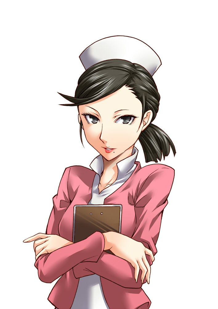 black_hair cardigan hat lipstick mole nurse nurse_cap persona persona_4 segami_daisuke smile uehara_sayoko