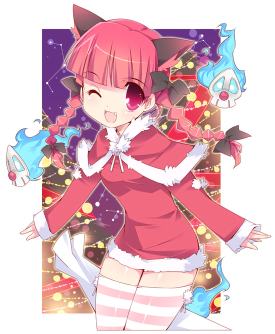 bow braid cat_ears christmas fang hair_bow hitodama kaenbyou_rin pink_eyes red_hair redhead rfa santa_costume skull solo striped striped_legwear striped_thighhighs thigh-highs thighhighs touhou twin_braids twintails wink