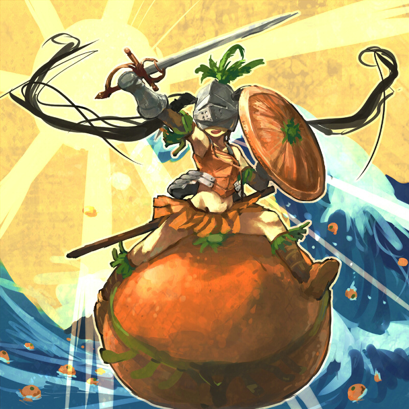 armor bare_shoulders black_hair food food_themed_clothes fruit helmet long_hair open_mouth orange original riding shield solo sun sword twintails water waving weapon yamaada