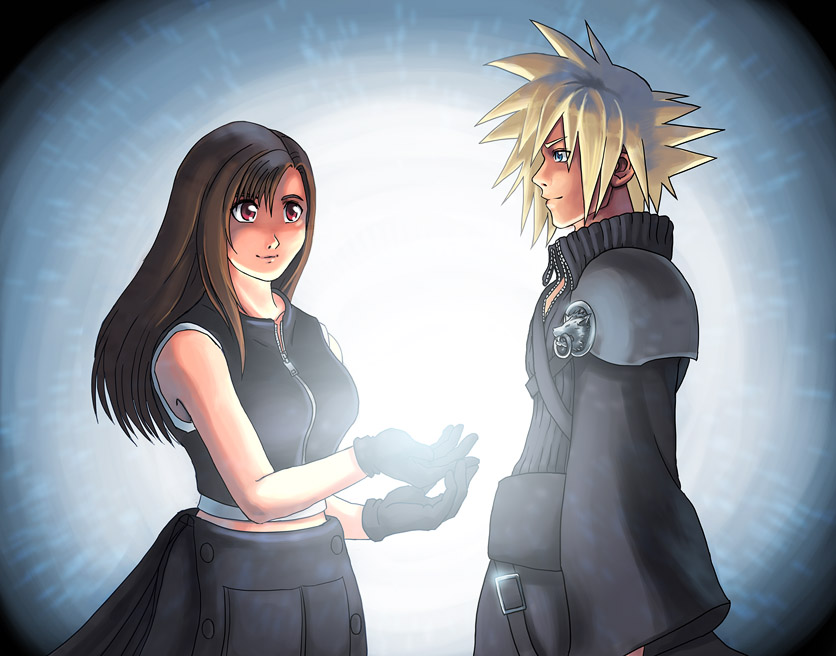 1boy 1girl blonde_hair blue_eyes brown_hair cloud_strife cloud_tifa final_fantasy final_fantasy_vii final_fantasy_vii_advent_children gloves red_eyes smile tifa_lockhart zipper