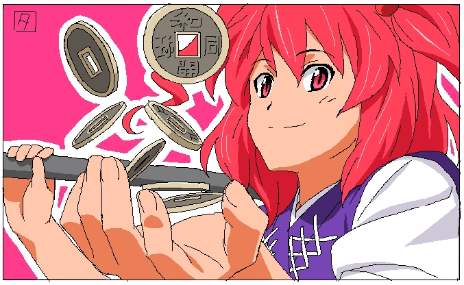 coin face foreshortening hands ikuya_koimori money oekaki onozuka_komachi red_eyes red_hair redhead short_hair smile solo touhou