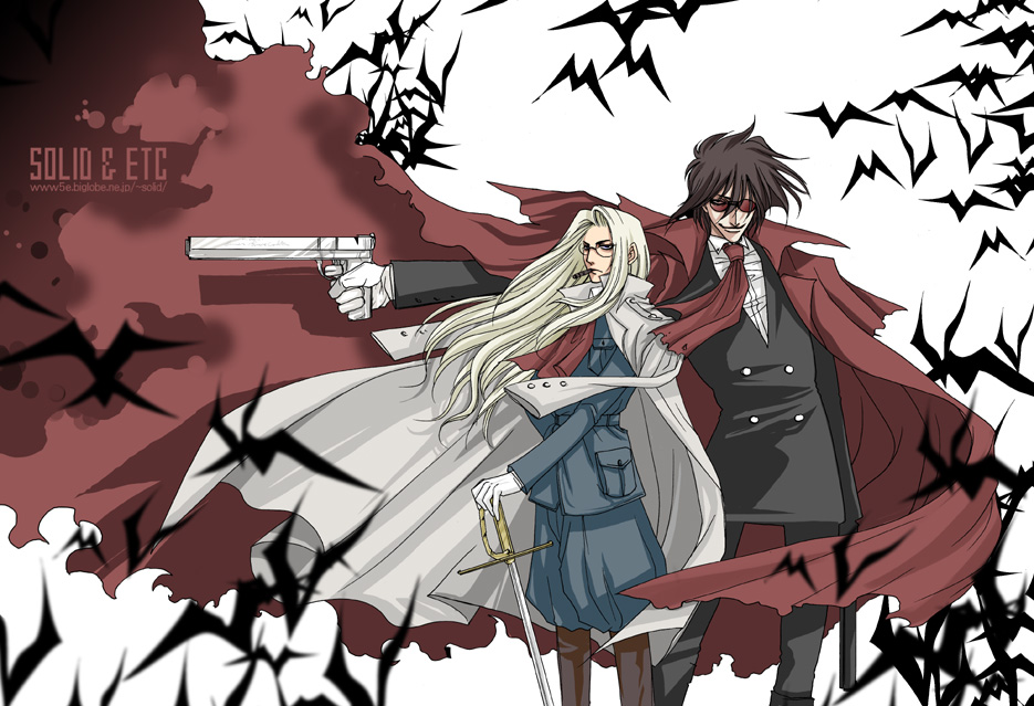 alucard_(hellsing) androgynous ascot bats blonde_hair cape cigar coat dual_wielding formal glasses gun hellsing integra_hellsing long_coat pistol reverse_trap solid&amp;etc suit sunglasses sword weapon