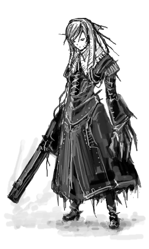 crossover dress gun inquisition long_hair monochrome rozen_maiden suiseiseki warhammer_40k