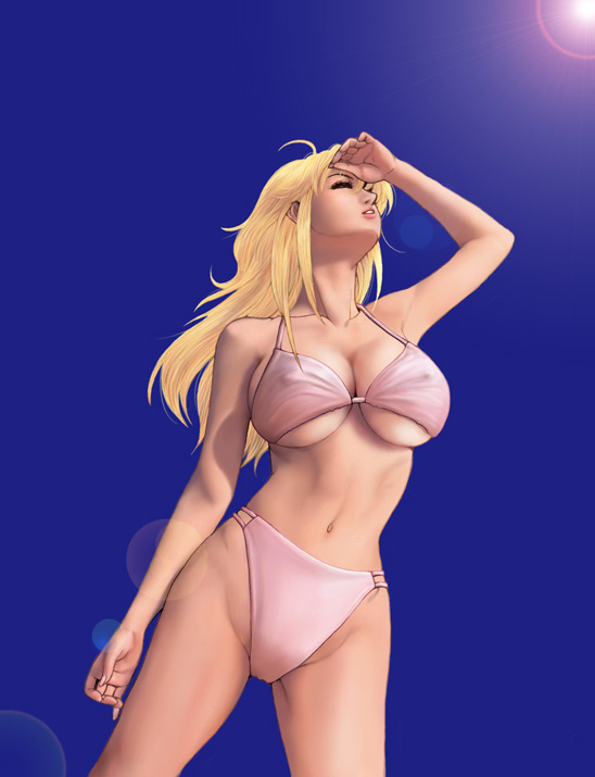 bikini blonde_hair cleavage erect_nipples large_breasts swimsuit tagme