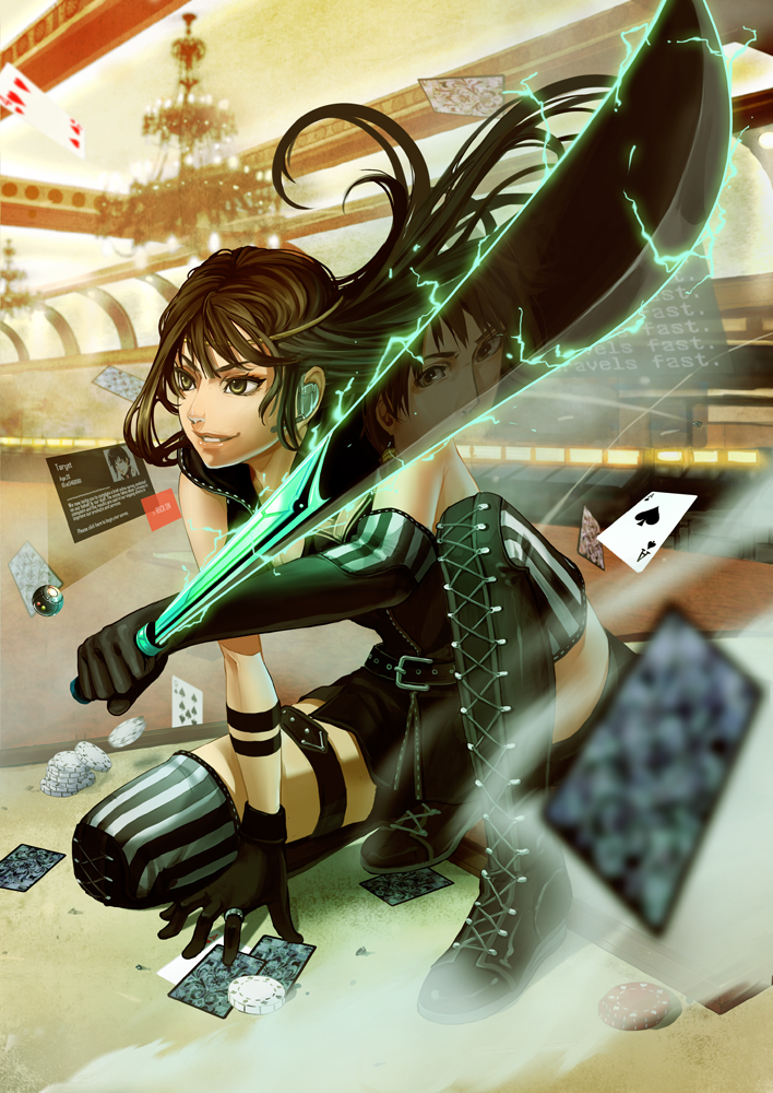 black_hair boots brown_eyes brown_hair card circlet earpiece elbow_gloves electricity falling_card gloves hands jewelry katana kneeling long_hair original playing_card playing_cards poker_chips reflection ring smile striped suda_ayaka sword thigh-highs thigh_boots thighhighs weapon