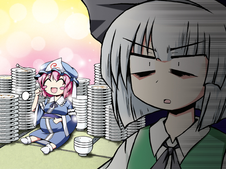 fang fat hairband happy hat konpaku_youmu pink_hair plate publicplanet saigyouji_yuyuko satisfied short_hair sigh silver_hair touhou