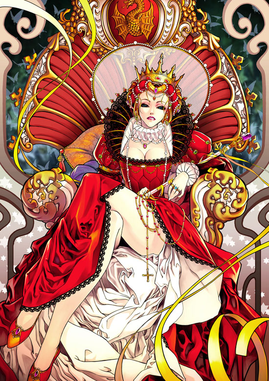 blonde_hair breasts cleavage cross crown dragon elizabeth_i england gown historical jewelry legs neck_ruff necklace queen red_hair rosary royal sayo_tanku scepter sitting slippers thighs throne united_kingdom