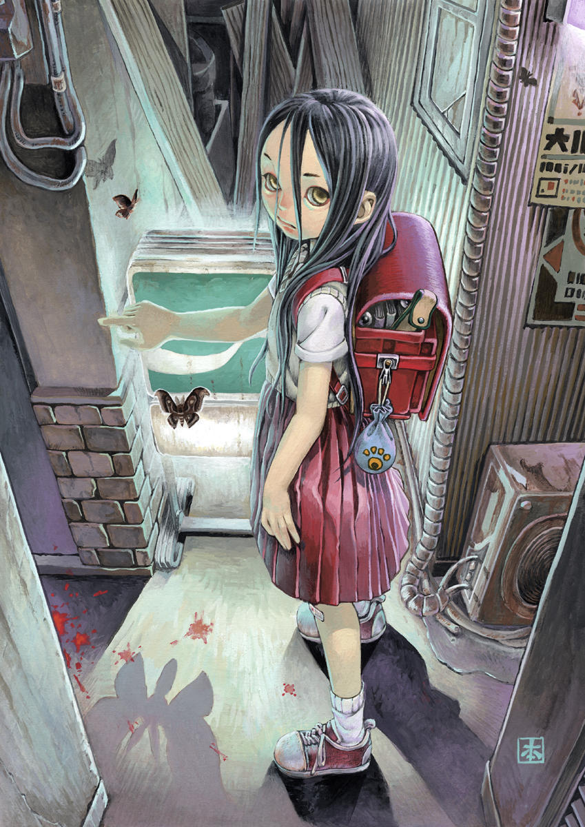 alley backpack bag black_hair blood child dark highres long_hair metalzigzag moth pointing randoseru school_uniform shadow skirt socks solo trash water yellow_eyes