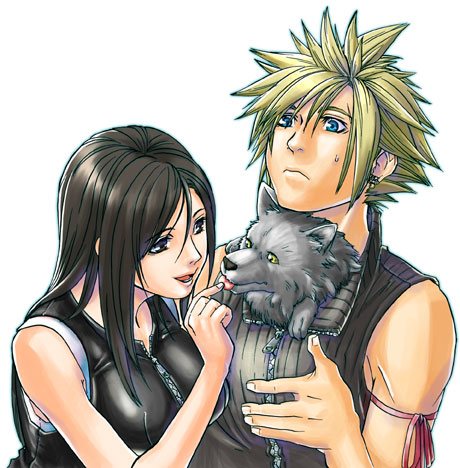 1boy 1girl animal black_hair blonde_hair blue_eyes brown_eyes cloud_strife cloud_tifa final_fantasy final_fantasy_vii final_fantasy_vii_advent_children lowres open_mouth ribbon smile sweatdrop tifa_lockhart tongue white_background