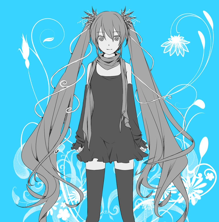 bad_id hatsune_miku hk long_hair monochrome scarf smile solo thigh-highs thighhighs twintails very_long_hair vocaloid zettai_ryouiki