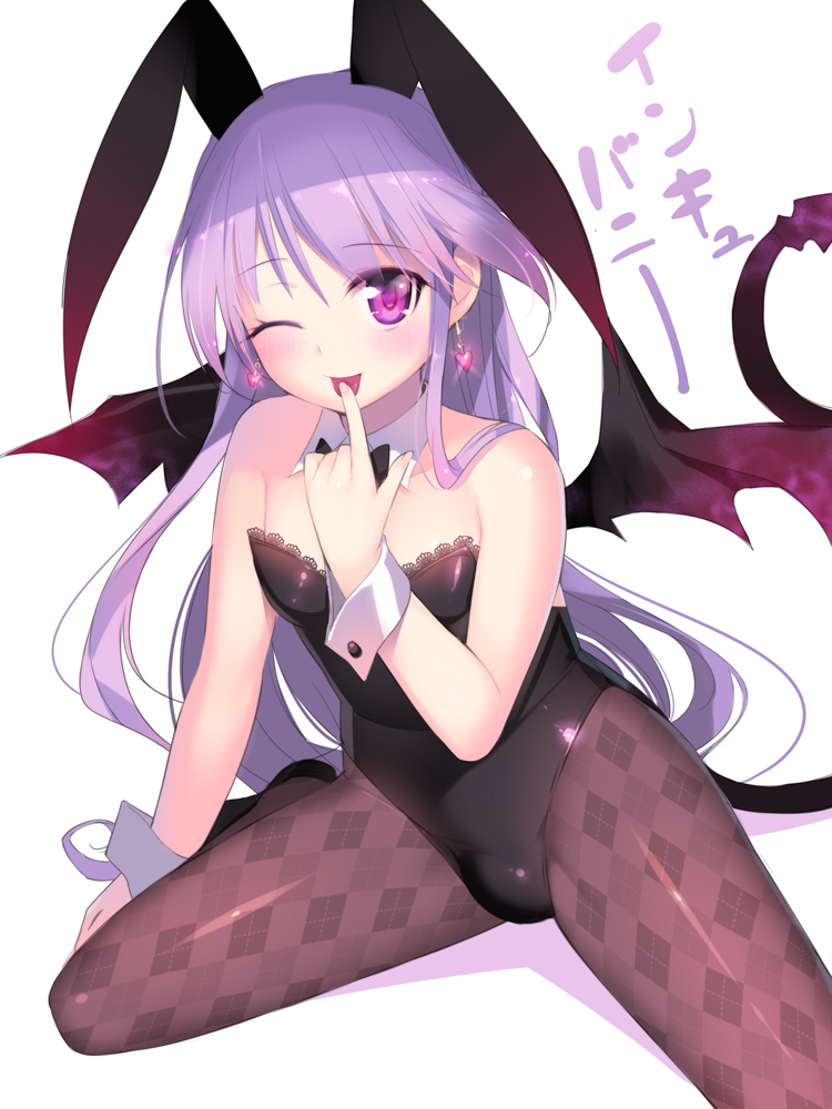 1boy ;p animal_ears bare_shoulders blush bowtie bulge bunnysuit crossdressinging demon_boy demon_tail demon_wings detached_collar earrings happiness! jewelry kashiwamochi_yomogi long_hair looking_at_viewer pantyhose purple_hair rabbit_ears simple_background smile solo tail tongue tongue_out trap violet_eyes watarase_jun white_background wings wink wrist_cuffs