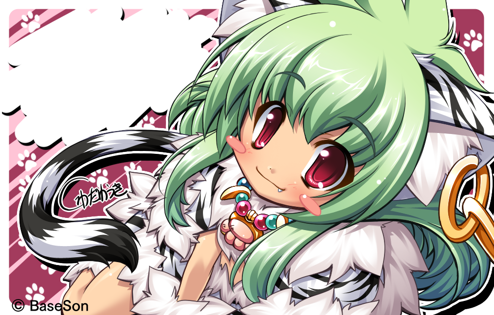 animal_ears blush_stickers cat_ears earrings fang from_above green_hair jewelry koihime_musou kuwada_yuuki long_hair looking_up midriff moukaku necklace red_eyes sitting smile tail