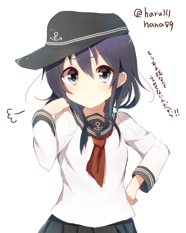 1girl akatsuki_(kantai_collection) anchor_symbol black_hair black_skirt flat_cap hair_between_eyes harusawa hat kantai_collection long_hair long_sleeves neckerchief pleated_skirt school_uniform serafuku simple_background skirt translation_request twitter_username white_background