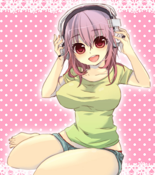 1girl barefoot blush breasts headphones large_breasts long_hair looking_at_viewer nitroplus open_mouth pink_hair seiza sitting smile solo super_sonico yakico
