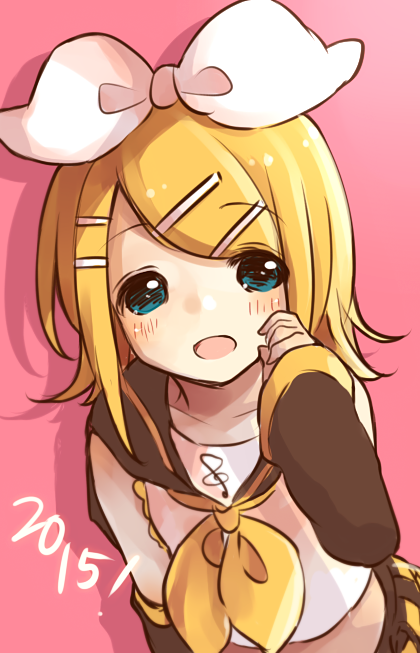 1girl 2015 blonde_hair blush kagamine_rin looking_at_viewer open_mouth short_hair simple_background smile solo vocaloid yuirinex