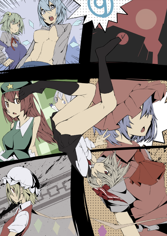 (9) 6+girls arudente ascot ass blonde_hair breasts cirno daiyousei dress fang flandre_scarlet green_hair hair_ribbon hat hong_meiling izayoi_sakuya kneepits knife looking_at_viewer mob_cap multiple_girls no_panties open_mouth pointy_ears red_eyes redhead remilia_scarlet ribbon rumia scarlet_devil_mansion side_ponytail silver_hair skirt socks stomach the_embodiment_of_scarlet_devil touhou under_boob upside-down wings