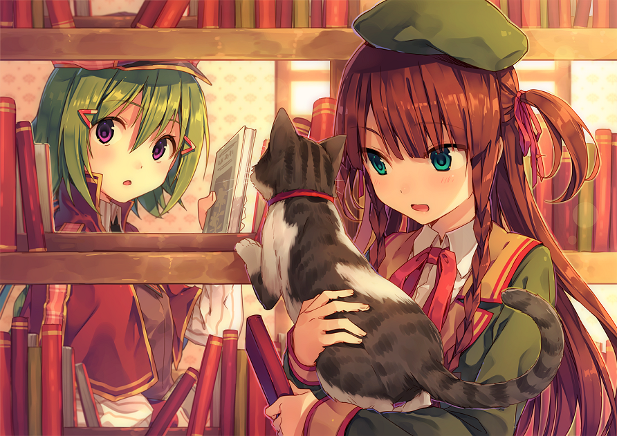 2girls animal aqua_eyes book bookshelf braid brown_hair cat green_hair hair_ornament hair_ribbon hairclip hat long_hair looking_at_viewer multiple_girls natsu_natsuna original ribbon short_hair twin_braids twintails violet_eyes