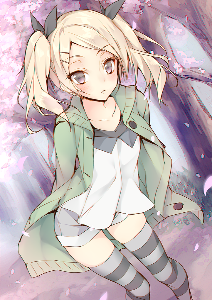 1girl blonde_hair cherry_blossoms cherry_trees dutch_angle grey_eyes hair_ornament hair_ribbon hairclip hooded_jacket iyo_iyo ribbon shirobako short_twintails shorts striped striped_legwear thigh-highs twintails yano_erika