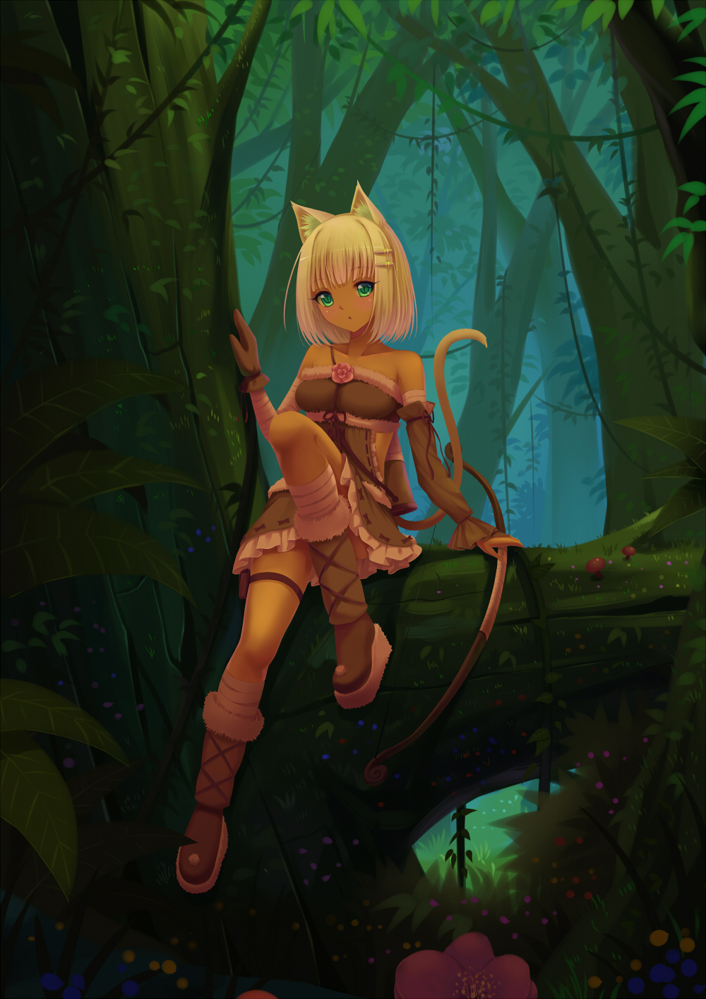 1girl animal_ears bare_shoulders blonde_hair bow_(weapon) cat_ears cat_tail green_eyes highres original short_hair solo sonikey0_0 tail weapon