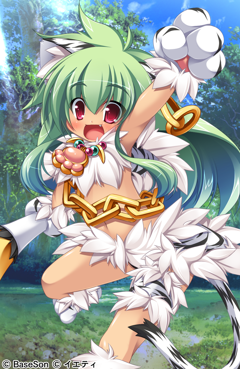 animal_ears arm_up armpits blush cat_ears chain earrings fang forest green_hair highres jewelry koihime_musou kuwada_yuuki long_hair midriff moukaku nature navel paws polearm red_eyes smile tail weapon