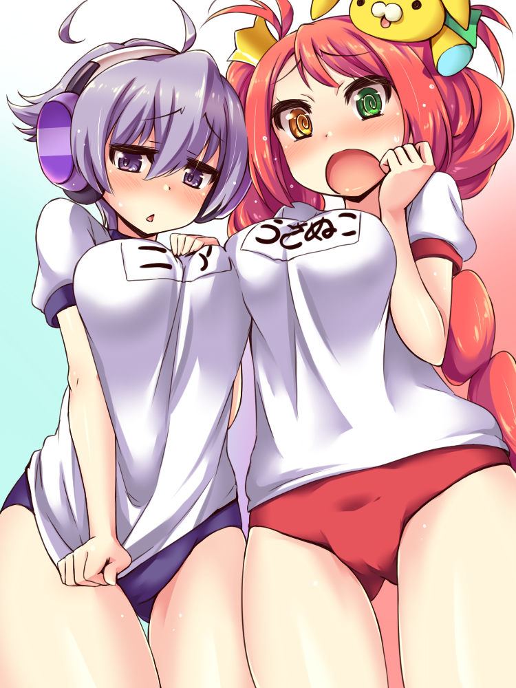 2girls ahoge blush breasts buruma character_request esoragoto green_eyes gym_uniform headphones heterochromia long_hair looking_at_viewer multiple_girls nia_(pop'n_music) open_mouth pop'n_music purple_hair redhead short_hair violet_eyes yellow_eyes