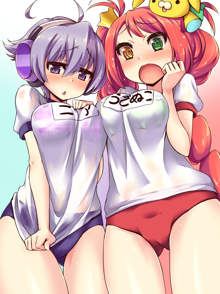 2girls ahoge blush breasts buruma character_request esoragoto green_eyes gym_uniform headphones heterochromia long_hair looking_at_viewer multiple_girls nia_(pop'n_music) open_mouth pop'n_music purple_hair redhead see-through short_hair violet_eyes yellow_eyes