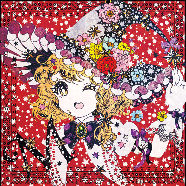 1girl beads blonde_hair border bowtie braid brooch female flat_color flower hand_to_hat hat hat_flower jewelry kasasagi07 kirisame_marisa looking_at_viewer one_eye_closed open_mouth portrait puffy_short_sleeves puffy_sleeves red_background ribbon-trimmed_sleeves ribbon_trim short_sleeves single_braid solo star touhou witch_hat wrist_cuffs wrist_ribbon yellow_eyes