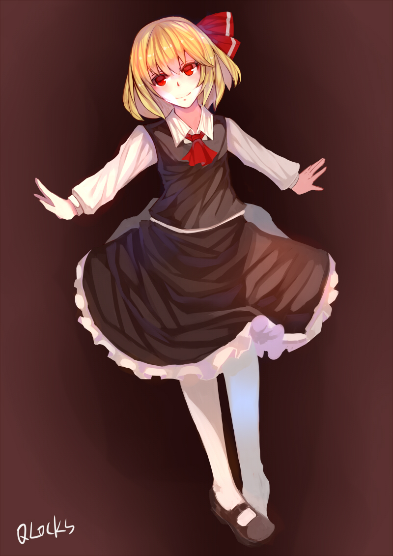 artist_name blonde_hair frilled_skirt frills hair_ribbon outstretched_arms qlocks red_eyes ribbon rumia shirt short_hair skirt smile spread_arms touhou vest