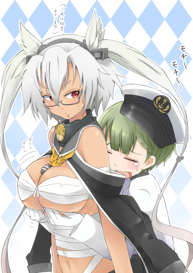 1girl b-man breast_envy breast_grab breasts closed_eyes female_admiral_(kantai_collection) glasses gloves green_hair hat kantai_collection long_hair musashi_(kantai_collection) navel red_eyes sarashi short_hair tears translation_request twintails white_gloves white_hair