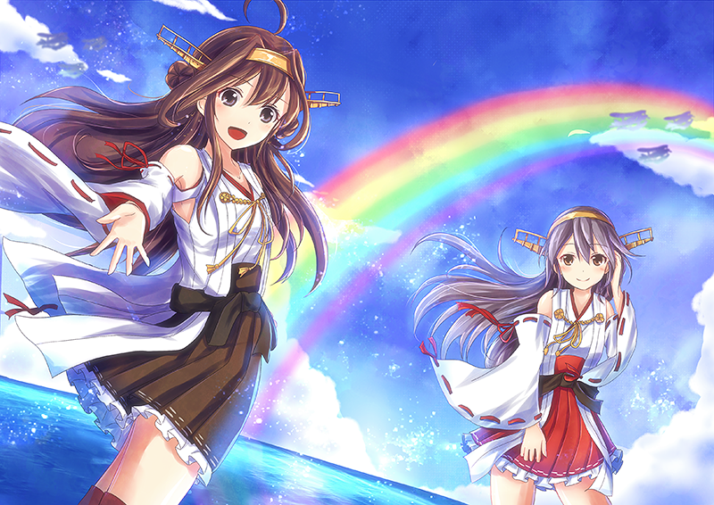 2girls :d ahoge bare_shoulders black_hair blue_sky brown_hair clouds detached_sleeves haruna_(kantai_collection) headgear kantai_collection kongou_(kantai_collection) long_hair looking_at_viewer multiple_girls non_(nobu) nontraditional_miko open_mouth rainbow sky smile water