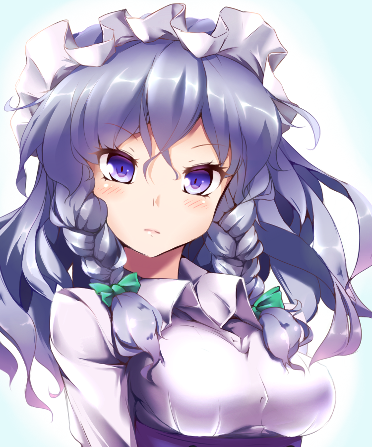 1girl blue_eyes braid close-up hair_ribbon izayoi_sakuya looking_at_viewer maid maid_headdress ribbon sherumaa_(shellmound) short_hair silver_hair solo touhou tress_ribbon twin_braids upper_body white_blouse