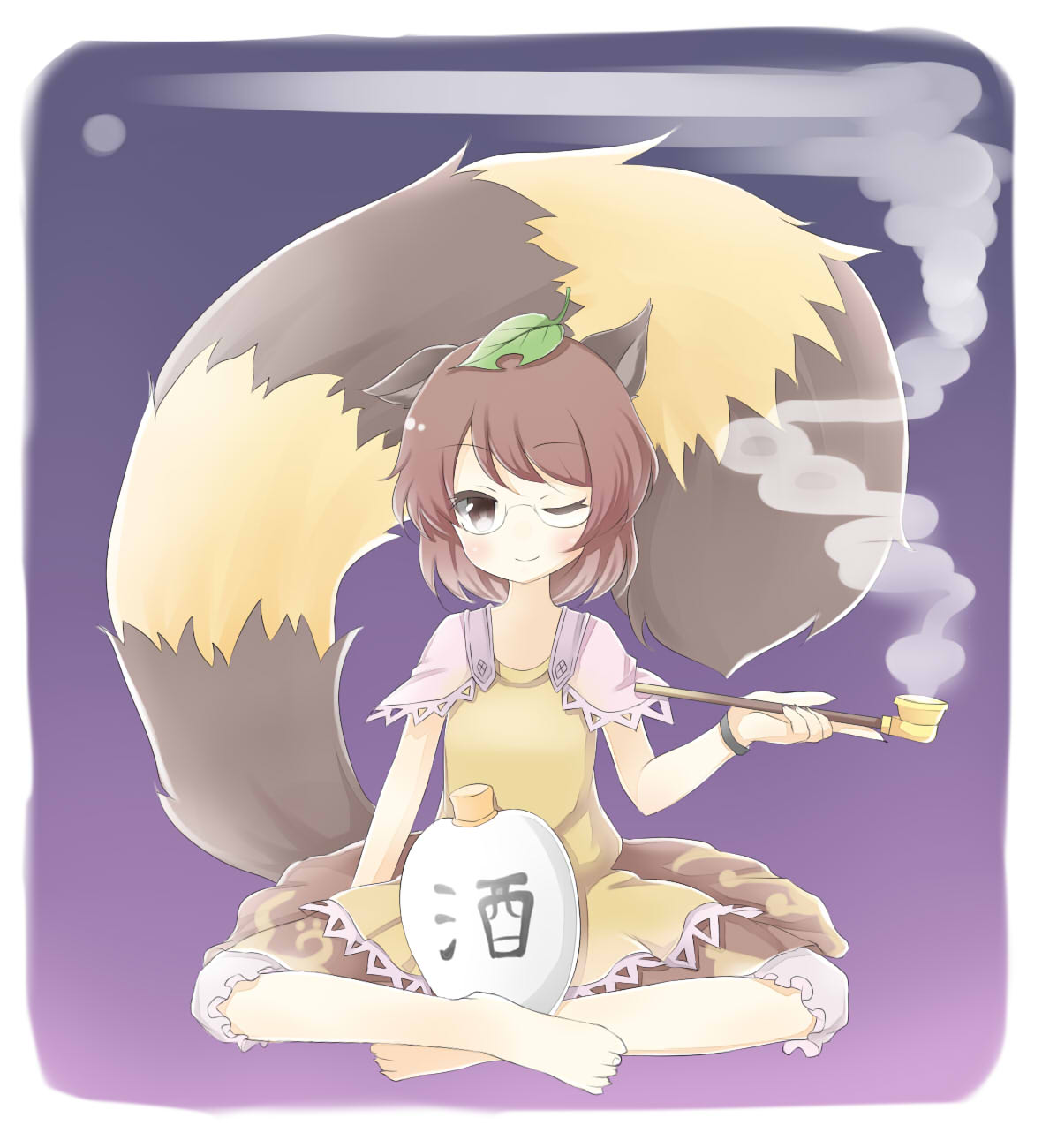 1girl animal_ears barefoot bottle bracelet brown_eyes brown_hair ellipsis_(mitei) futatsuiwa_mamizou gradient gradient_background highres indian_style jewelry kiseru layered_dress leaf leaf_on_head looking_at_viewer one_eye_closed pipe raccoon_ears raccoon_tail sake_bottle short_hair sitting smile smoke solo tail touhou